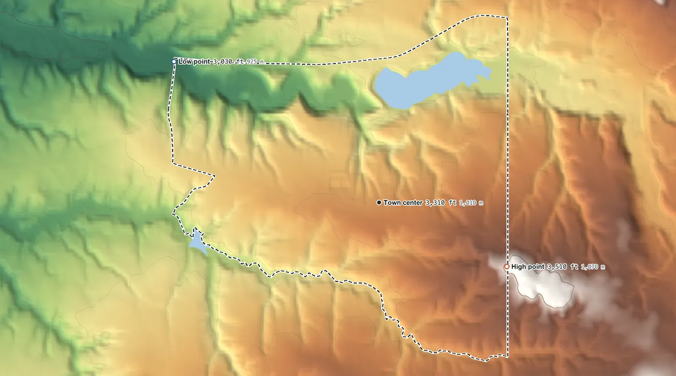 Topographic elevation map of Boneau, Montana, shaded from 3,030 ft on the northwest side to 3,510 ft on the southeast side