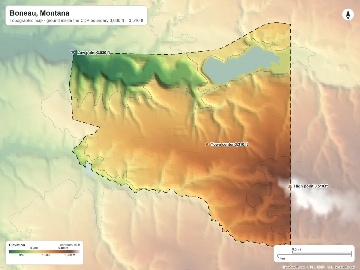 Topographic elevation map of Boneau, Montana, shaded from 3,030 ft on the northwest side to 3,510 ft on the southeast side