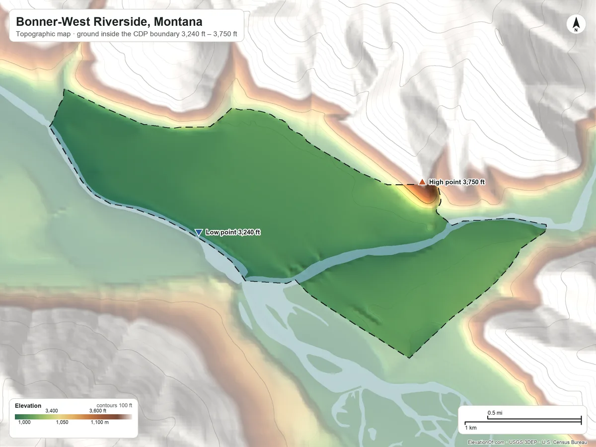 Topographic elevation map of Bonner-West Riverside, Montana, shaded from 3,240 ft on the southwest side to 3,750 ft at the foot of the North Hills
