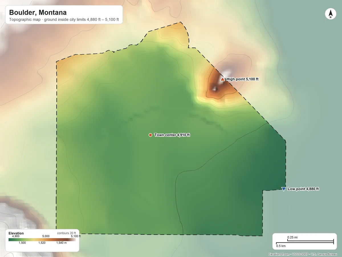 Topographic elevation map of Boulder, Montana, shaded from 4,880 ft on the east side to 5,100 ft on the northeast edge, below higher ground just outside