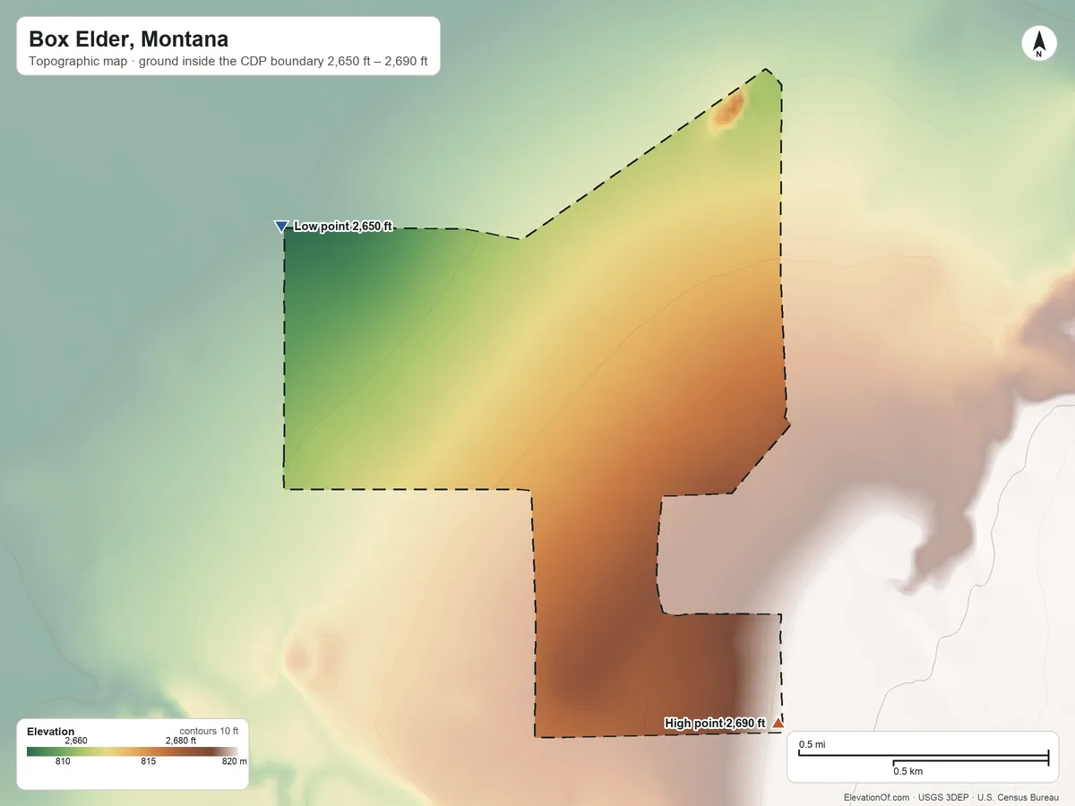 Topographic elevation map of Box Elder, Montana, shaded from 2,650 ft on the northwest side to 2,690 ft on the southeast side