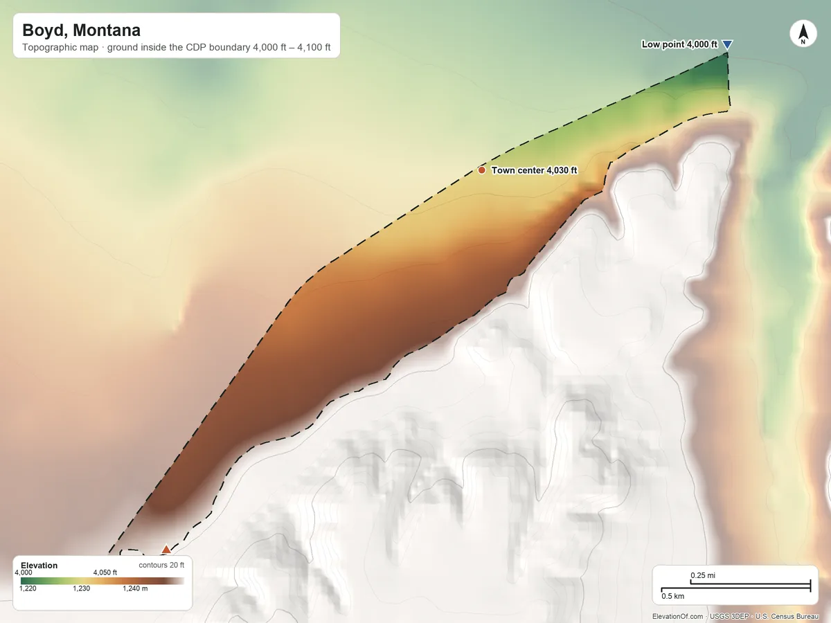 Topographic elevation map of Boyd, Montana, shaded from 4,000 ft on the northeast side to 4,100 ft on the southwest edge, below higher ground just outside