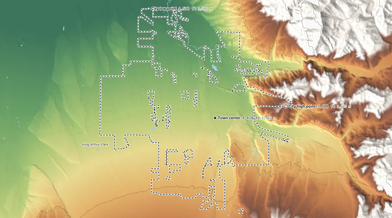 Topographic elevation map of Bozeman, Montana, shaded from 4,580 ft on the northwest side to 5,400 ft at the foot of the Bridger Range