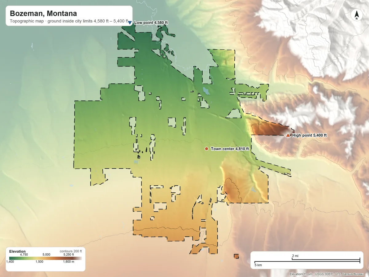 Topographic elevation map of Bozeman, Montana, shaded from 4,580 ft on the northwest side to 5,400 ft at the foot of the Bridger Range