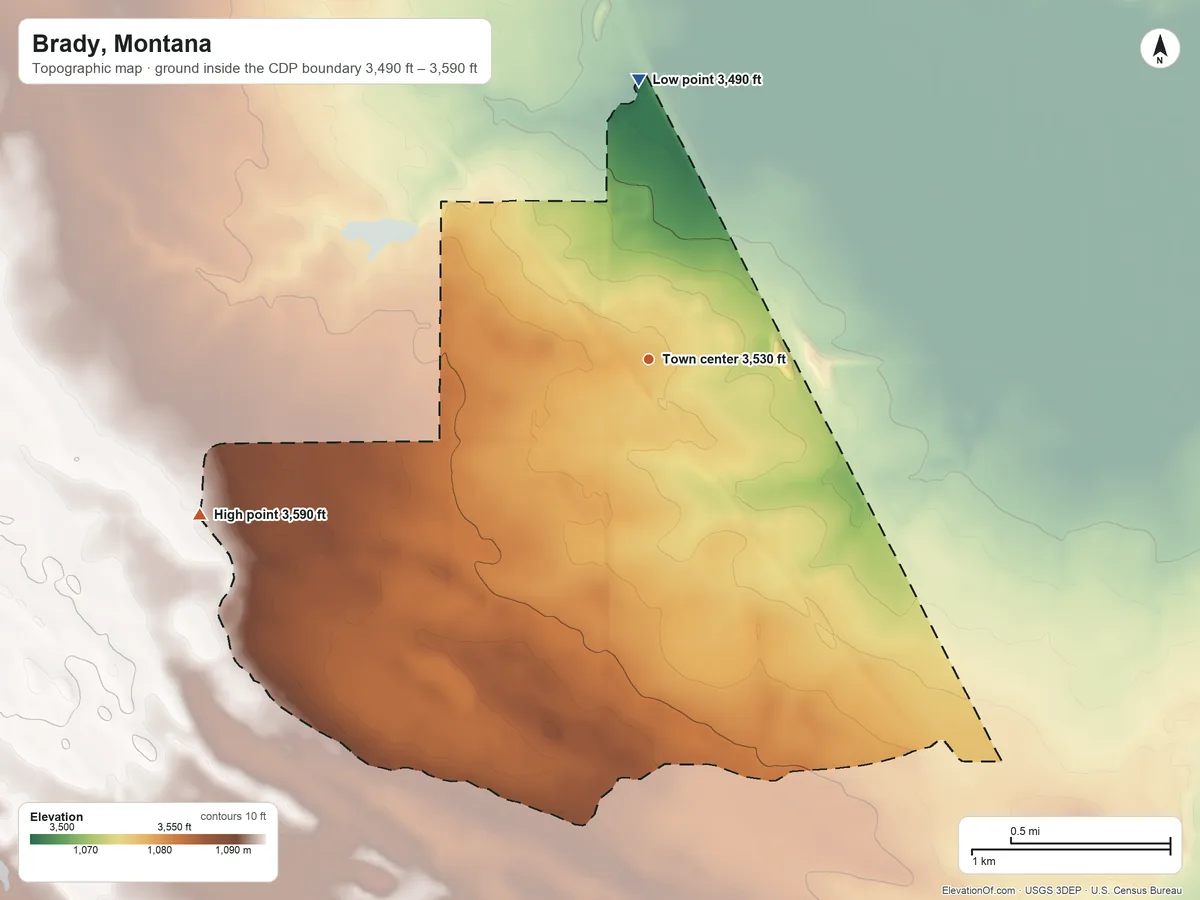 Topographic elevation map of Brady, Montana, shaded from 3,490 ft on the north side to 3,590 ft on the west side