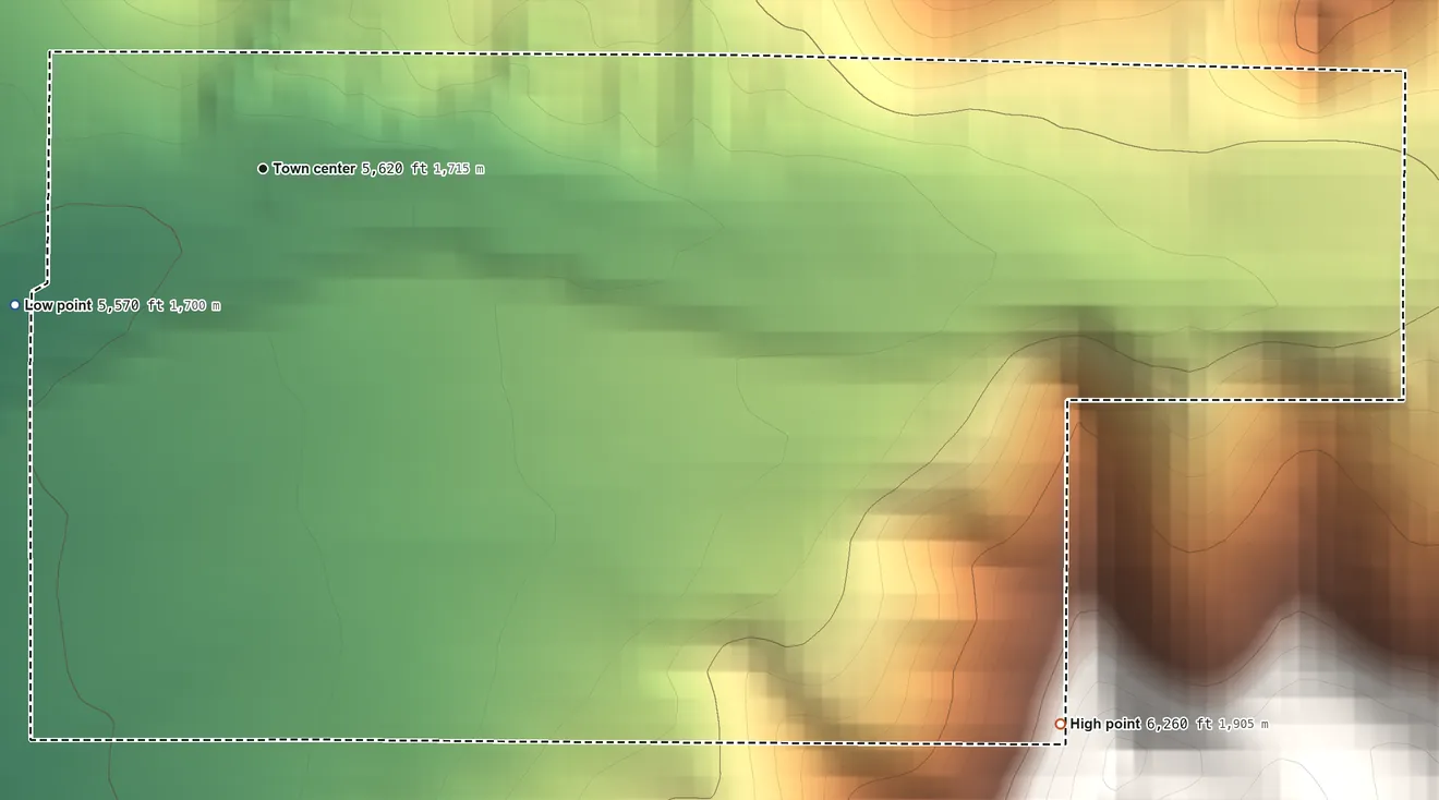 Topographic elevation map of Brandon, Montana, shaded from 5,570 ft on the southwest side to 6,260 ft at the foot of the Tobacco Root Mountains