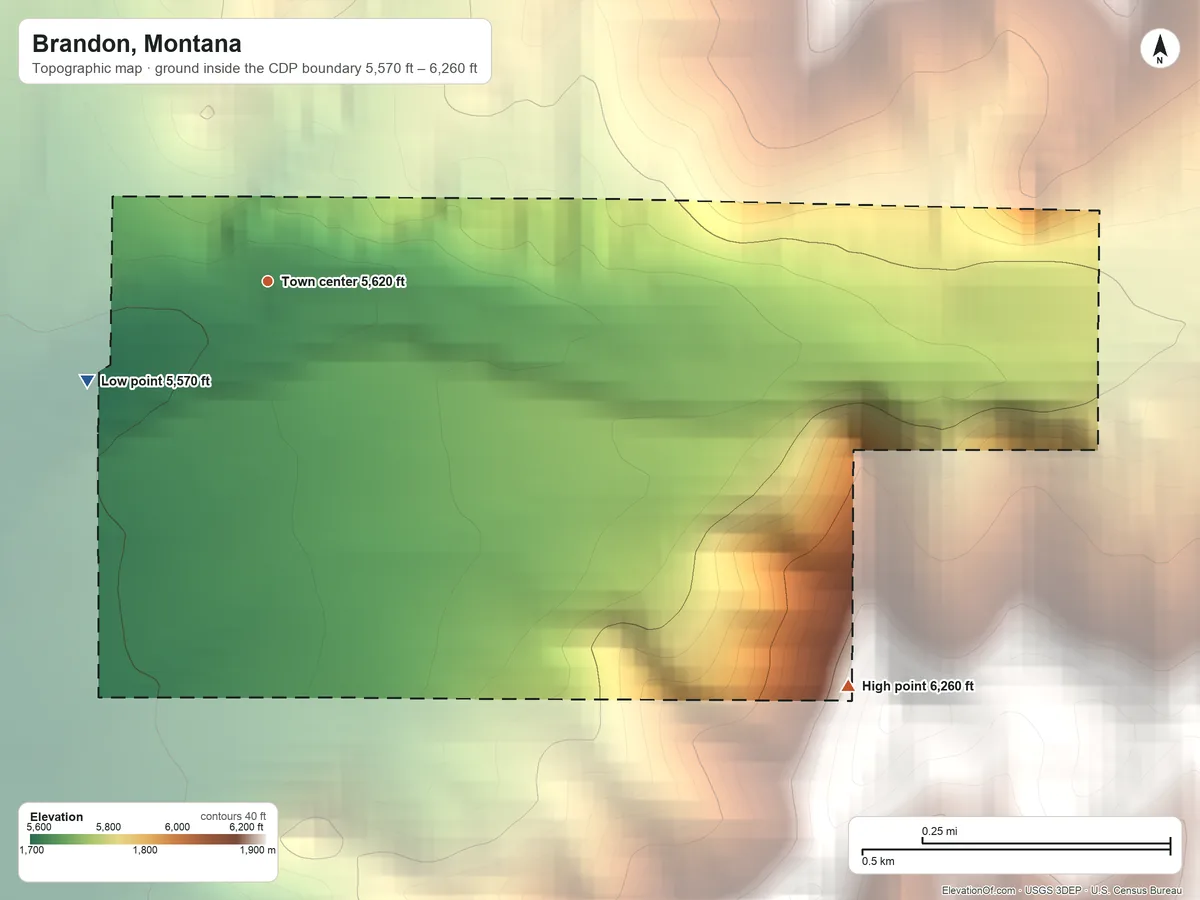Topographic elevation map of Brandon, Montana, shaded from 5,570 ft on the southwest side to 6,260 ft at the foot of the Tobacco Root Mountains