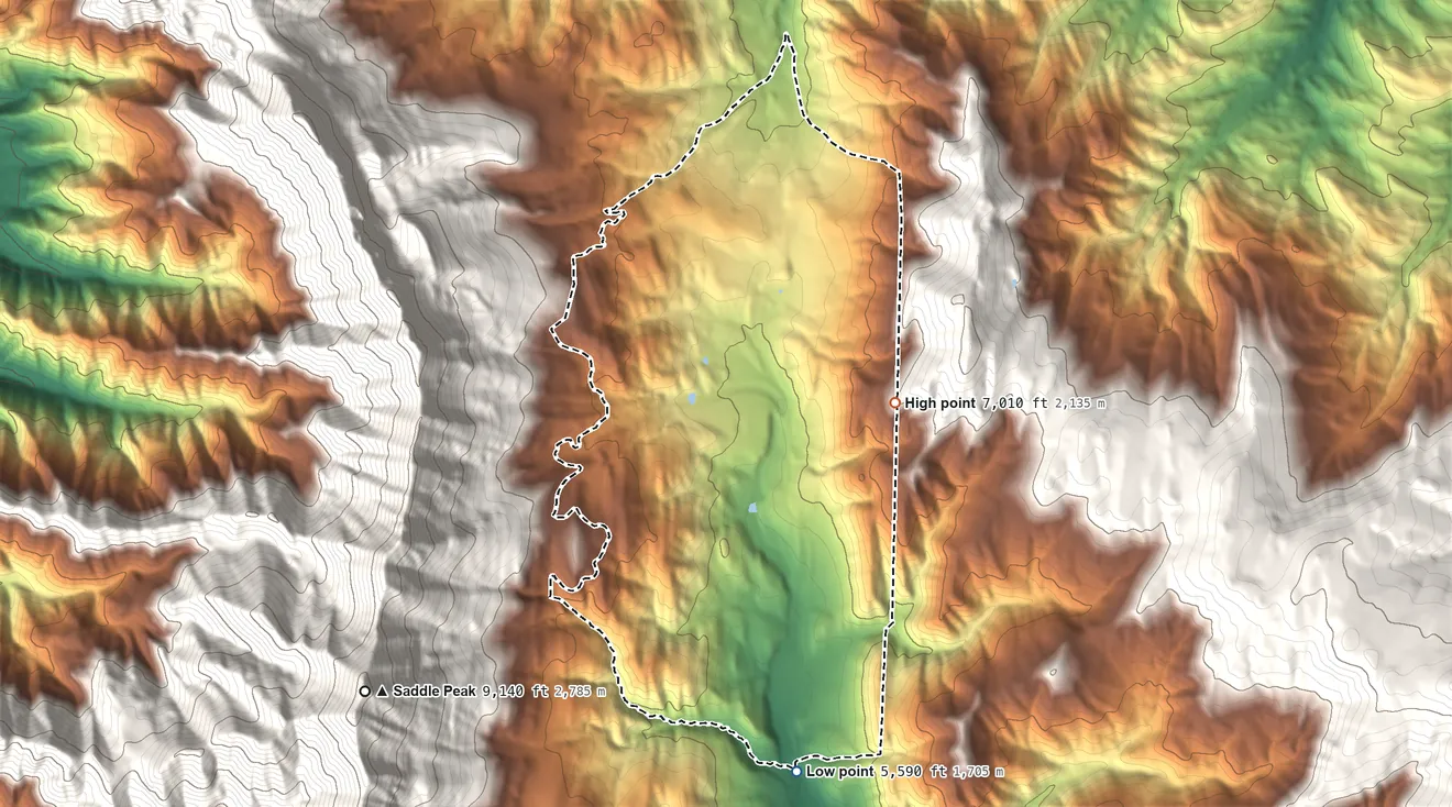 Topographic elevation map of Bridger, Gallatin County, Montana, shaded from 5,590 ft on the south side to 7,010 ft at the foot of the Bridger Range