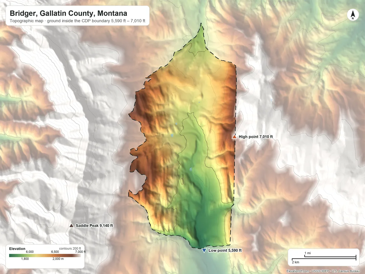 Topographic elevation map of Bridger, Gallatin County, Montana, shaded from 5,590 ft on the south side to 7,010 ft at the foot of the Bridger Range