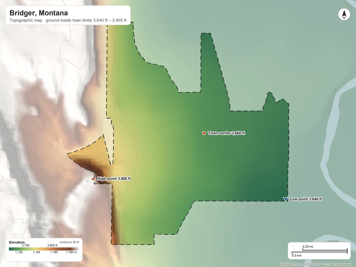 Topographic elevation map of Bridger, Montana, shaded from 3,640 ft on the southeast side to 3,900 ft on the west edge, below higher ground just outside
