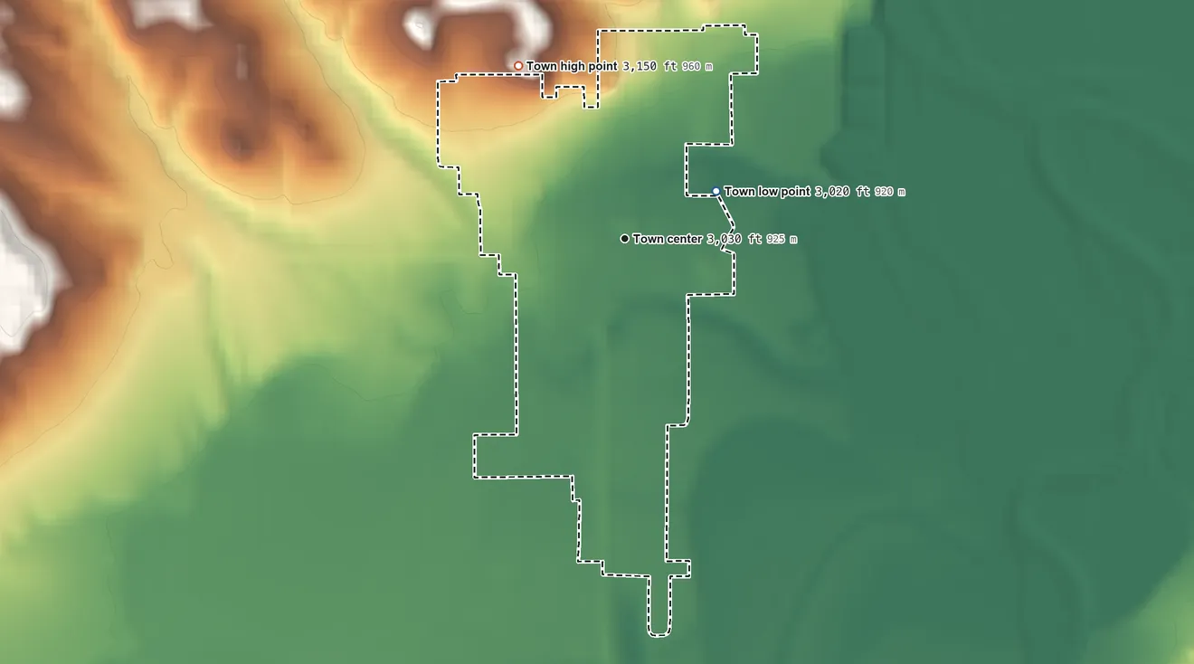 Topographic elevation map of Broadus, Montana, shaded from 3,020 ft on the northeast side to 3,150 ft on the northwest side