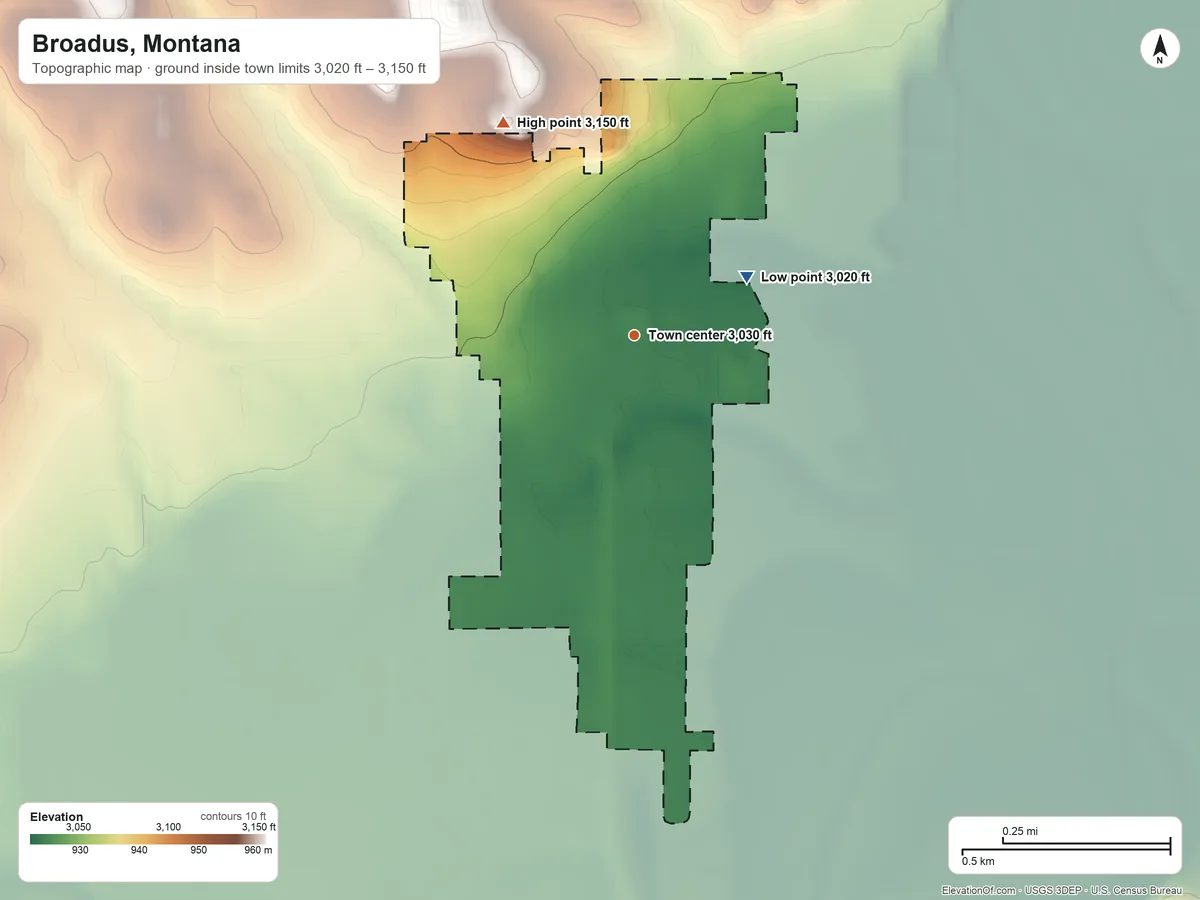 Topographic elevation map of Broadus, Montana, shaded from 3,020 ft on the northeast side to 3,150 ft on the northwest side
