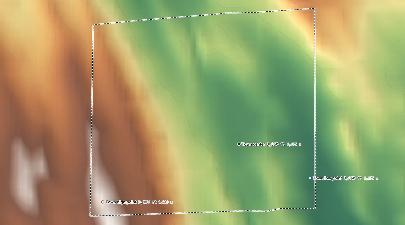 Topographic elevation map of Broadview, Montana, shaded from 3,850 ft on the southeast side to 3,970 ft on the southwest side