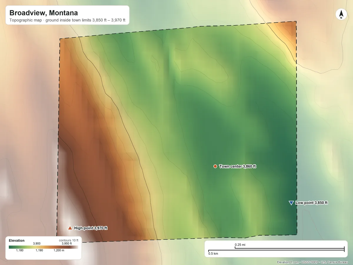 Topographic elevation map of Broadview, Montana, shaded from 3,850 ft on the southeast side to 3,970 ft on the southwest side