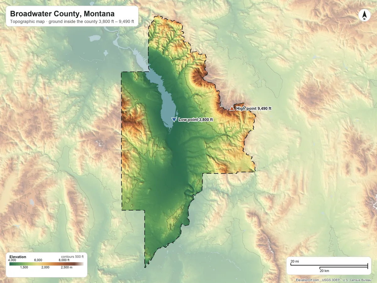 Topographic elevation map of Broadwater County, Montana, shaded from 3,800 ft near the middle to 9,490 ft on Mount Edith