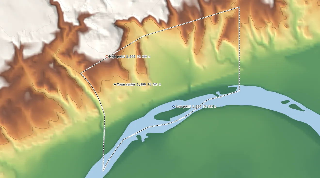 Topographic elevation map of Brockton, Montana, shaded from 1,920 ft on the east side to 2,070 ft on the north side