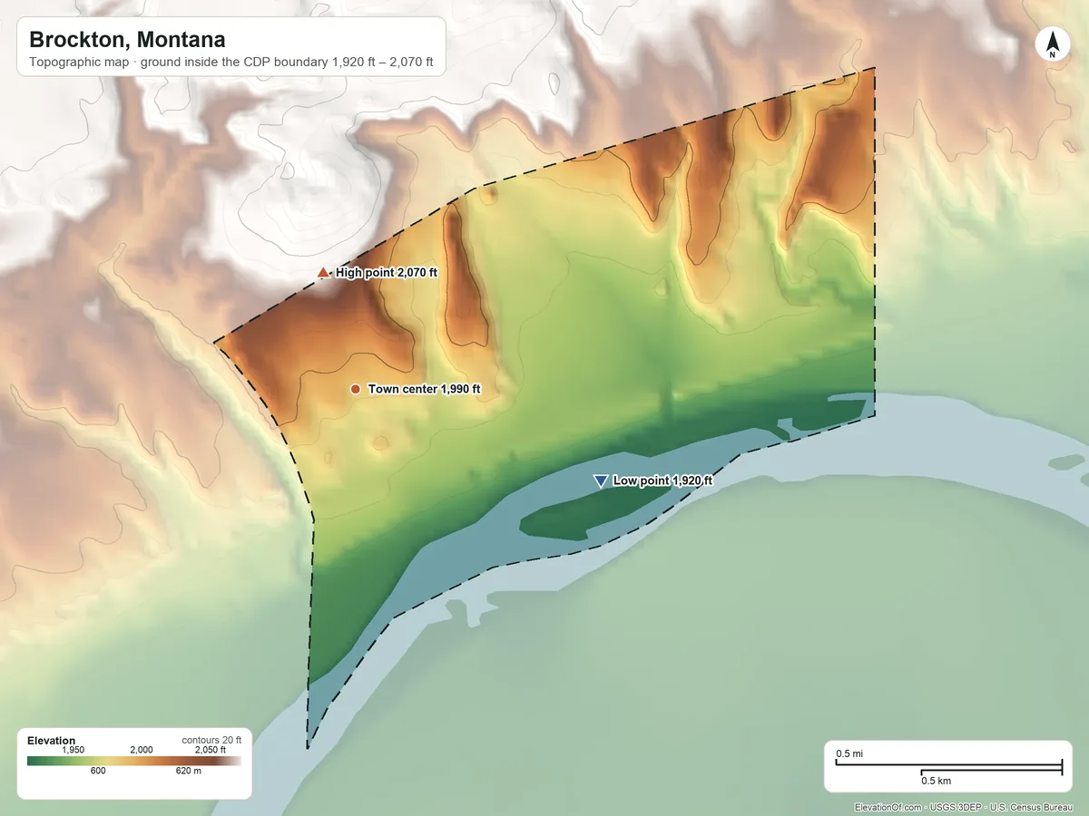 Topographic elevation map of Brockton, Montana, shaded from 1,920 ft on the east side to 2,070 ft on the north side