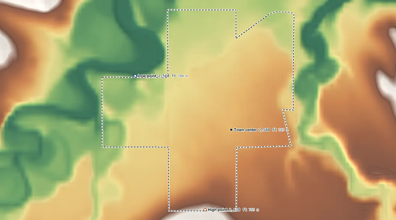 Topographic elevation map of Brockway, Montana, shaded from 2,560 ft on the northwest side to 2,610 ft on the south side