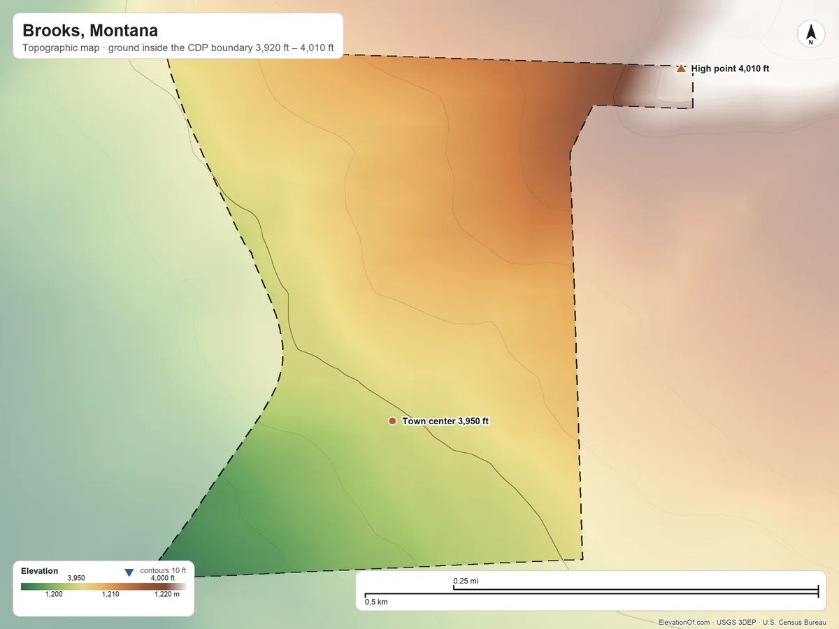 Topographic elevation map of Brooks, Montana, shaded from 3,920 ft on the southwest side to 4,010 ft on the northeast side