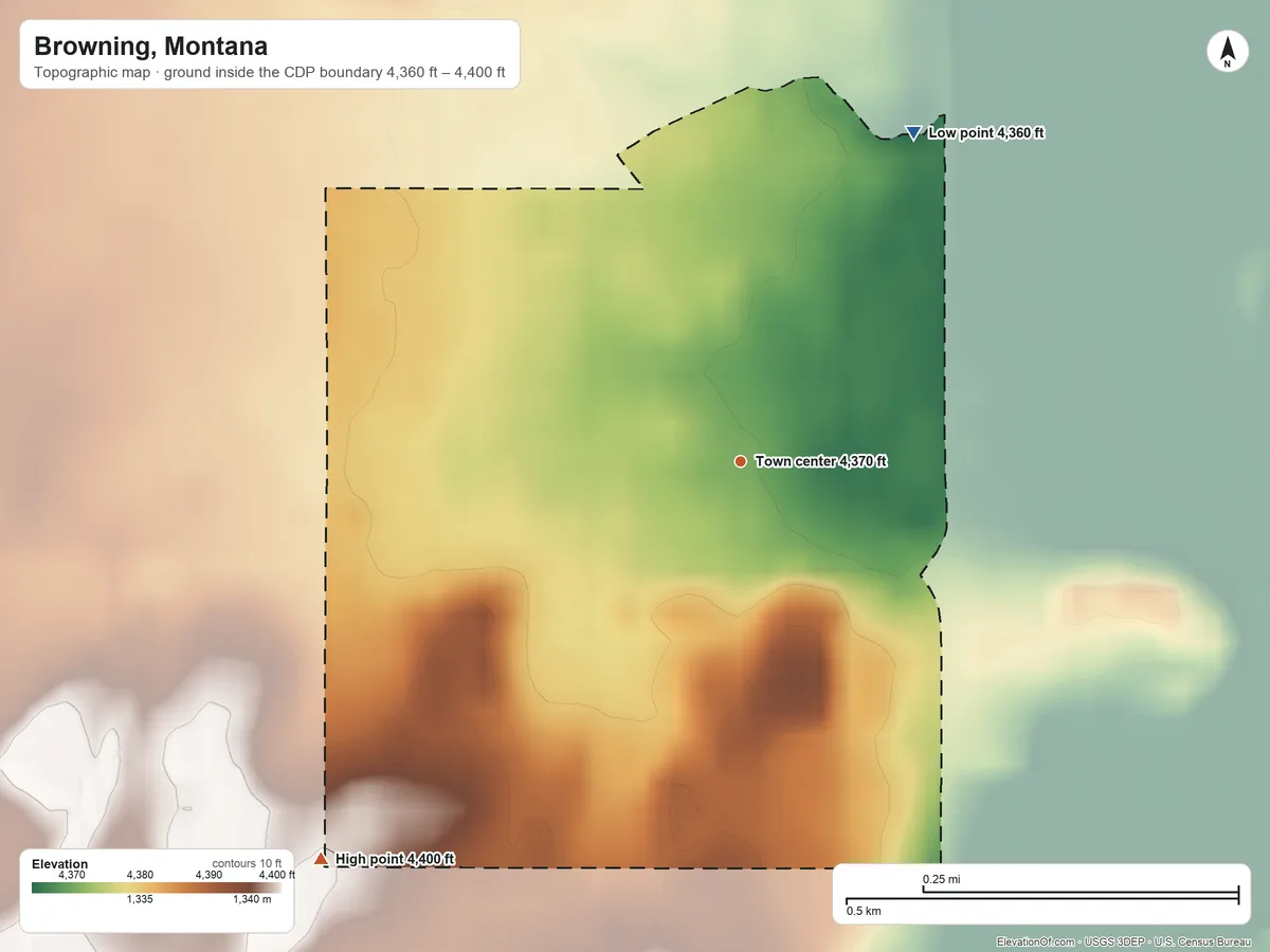 Topographic elevation map of Browning, Montana, shaded from 4,360 ft on the northeast side to 4,400 ft on the southwest side