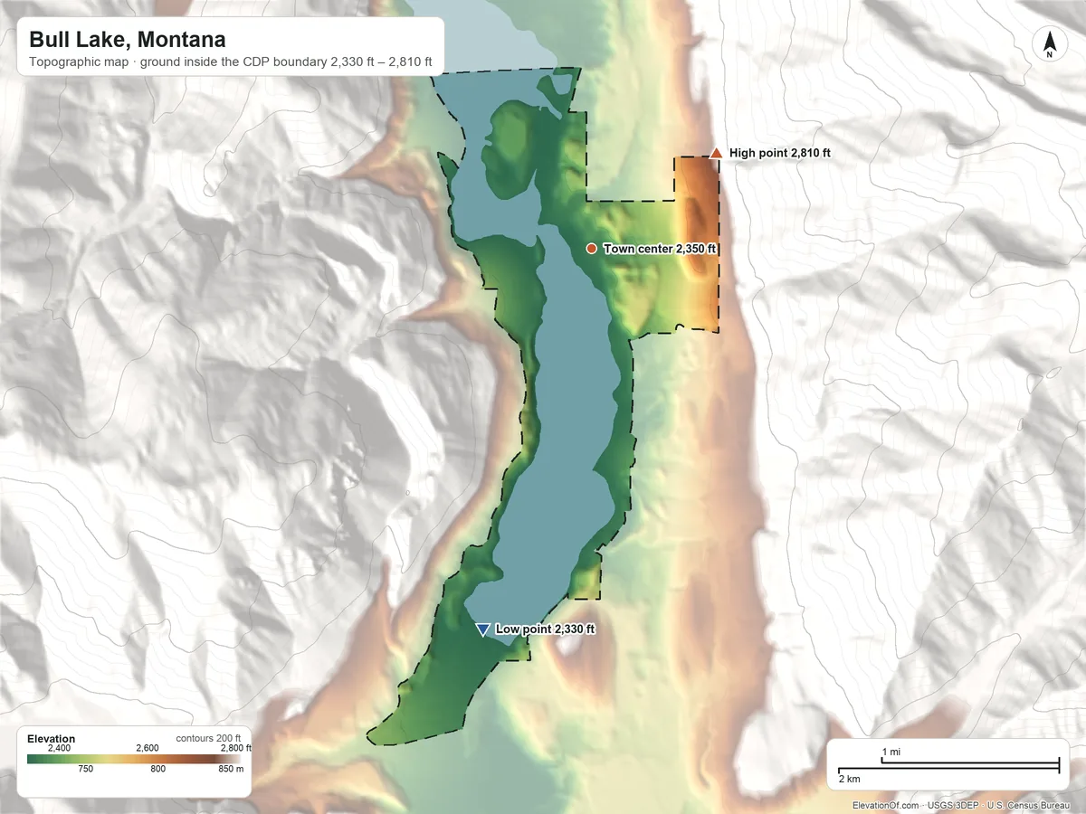 Topographic elevation map of Bull Lake, Montana, shaded from 2,330 ft on the south side to 2,810 ft at the foot of the Cabinet Mountains