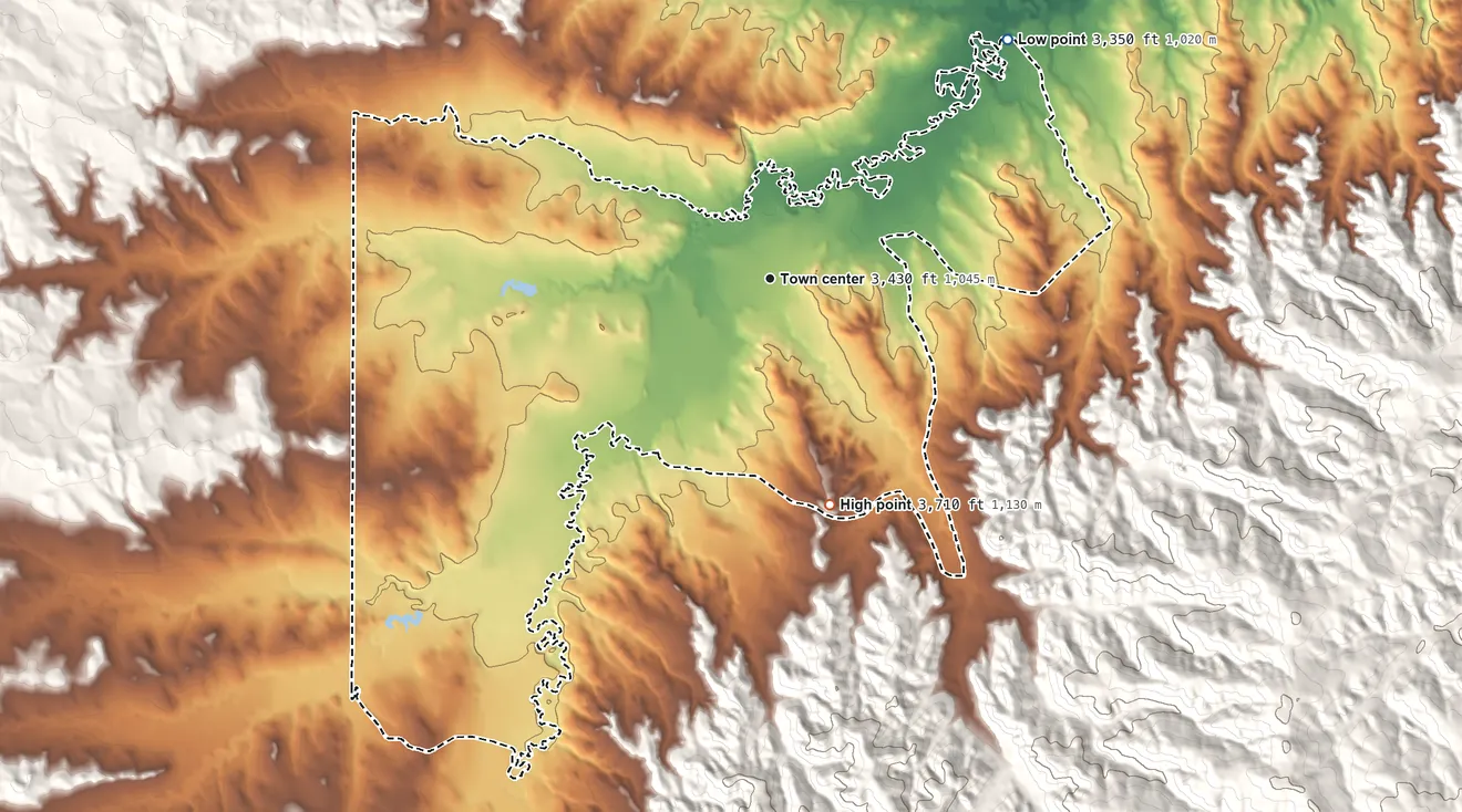 Topographic elevation map of Busby, Montana, shaded from 3,350 ft on the northeast side to 3,710 ft on the south edge, below higher ground just outside