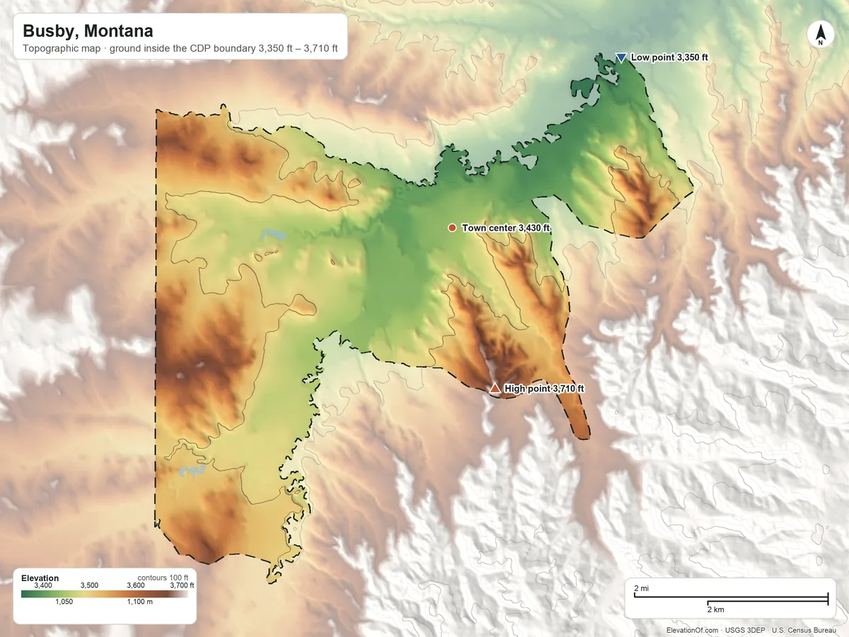 Topographic elevation map of Busby, Montana, shaded from 3,350 ft on the northeast side to 3,710 ft on the south edge, below higher ground just outside