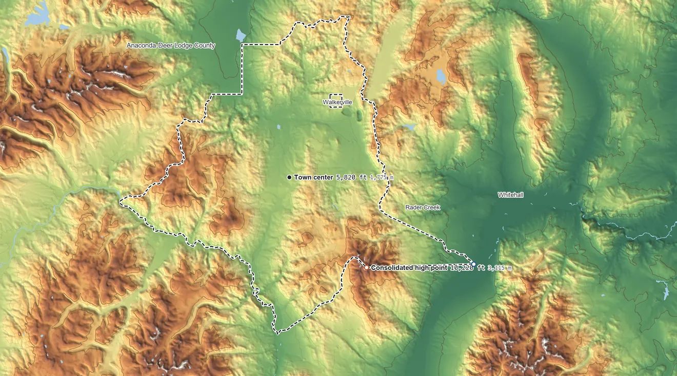 Topographic elevation map of Butte-Silver Bow, Montana, shaded from 4,430 ft on the southeast side to 10,220 ft on Table Mountain