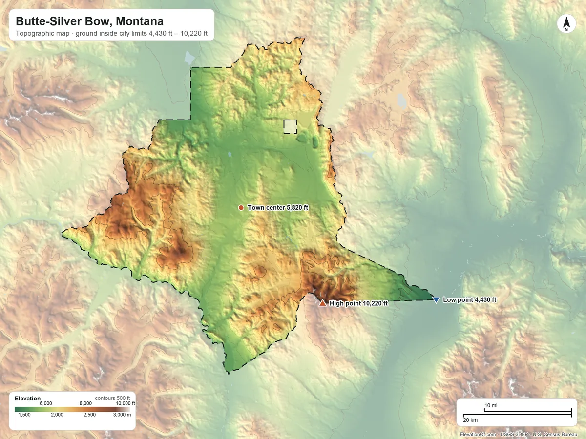 Topographic elevation map of Butte-Silver Bow, Montana, shaded from 4,430 ft on the southeast side to 10,220 ft on Table Mountain