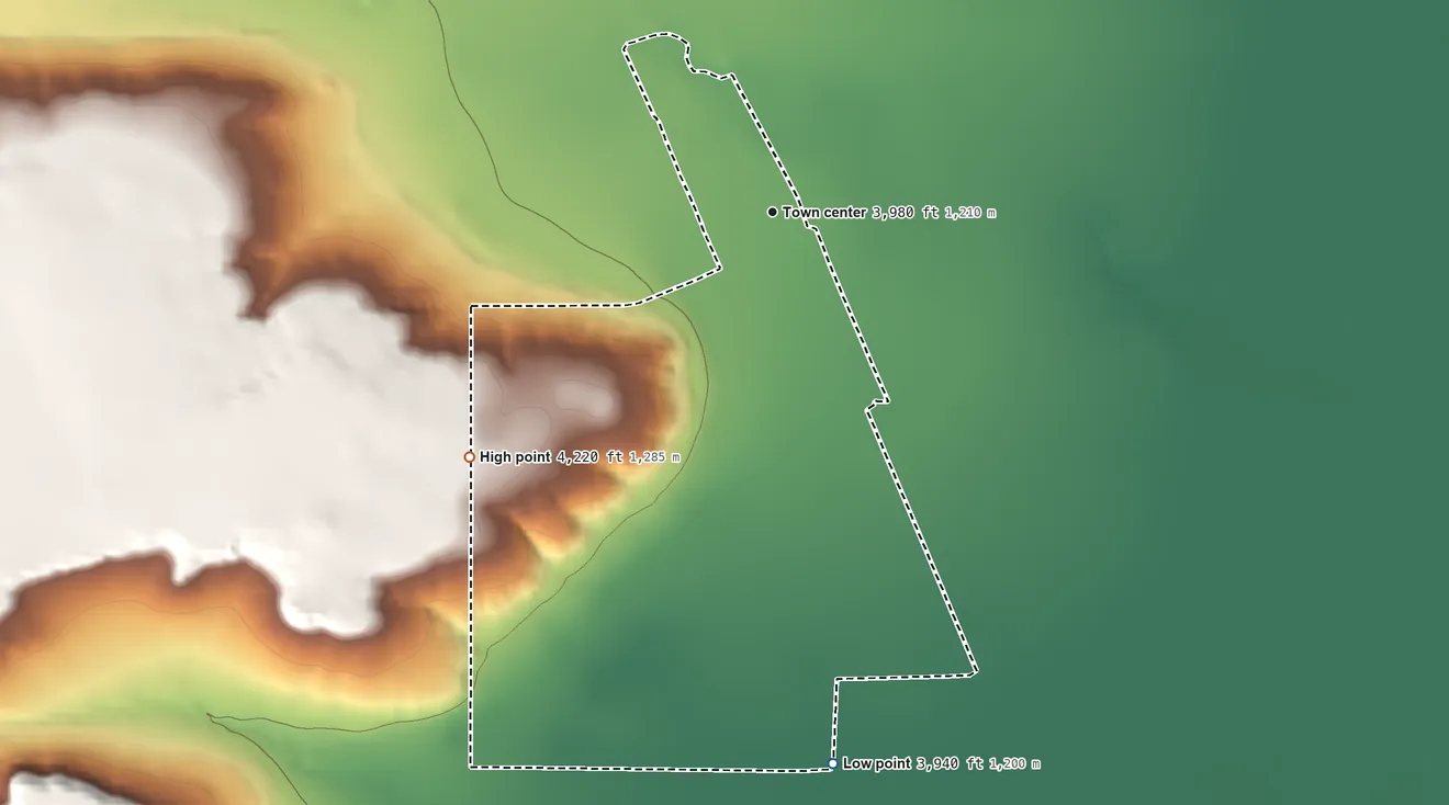 Topographic elevation map of Bynum, Montana, shaded from 3,940 ft on the south side to 4,220 ft on the southwest side