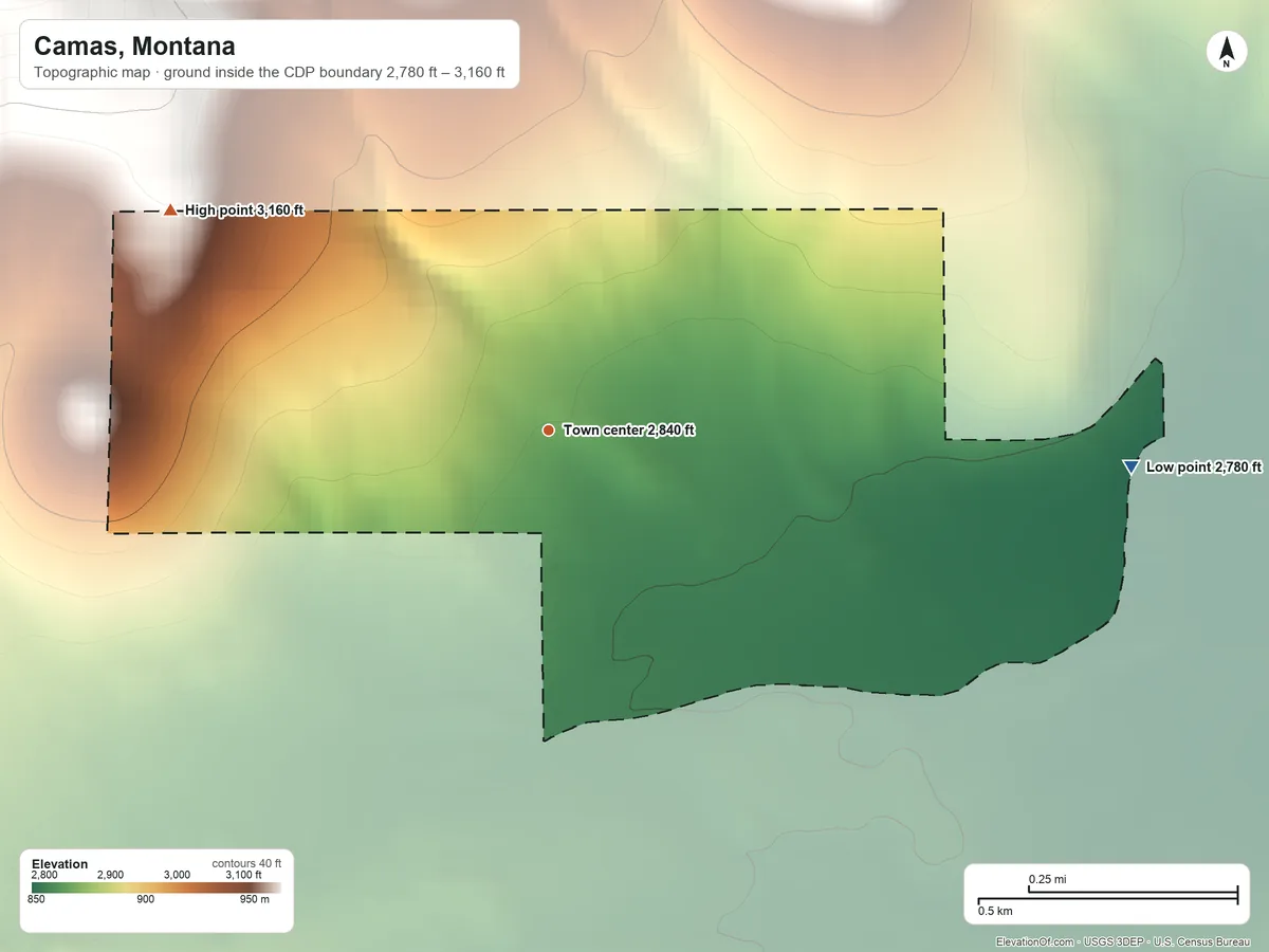 Topographic elevation map of Camas, Montana, shaded from 2,780 ft on the east side to 3,160 ft on the northwest edge, below higher ground just outside