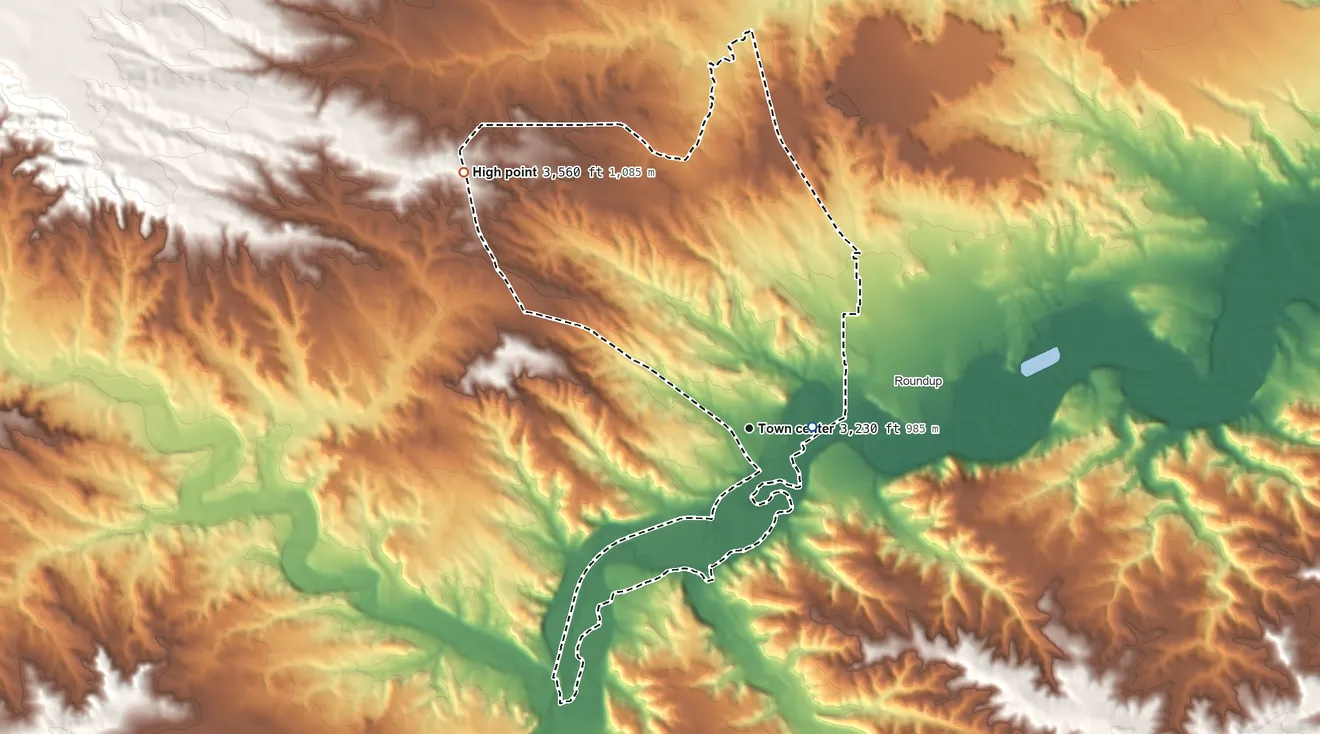 Topographic elevation map of Camp Three, Montana, shaded from 3,180 ft near the middle to 3,560 ft on the northwest side