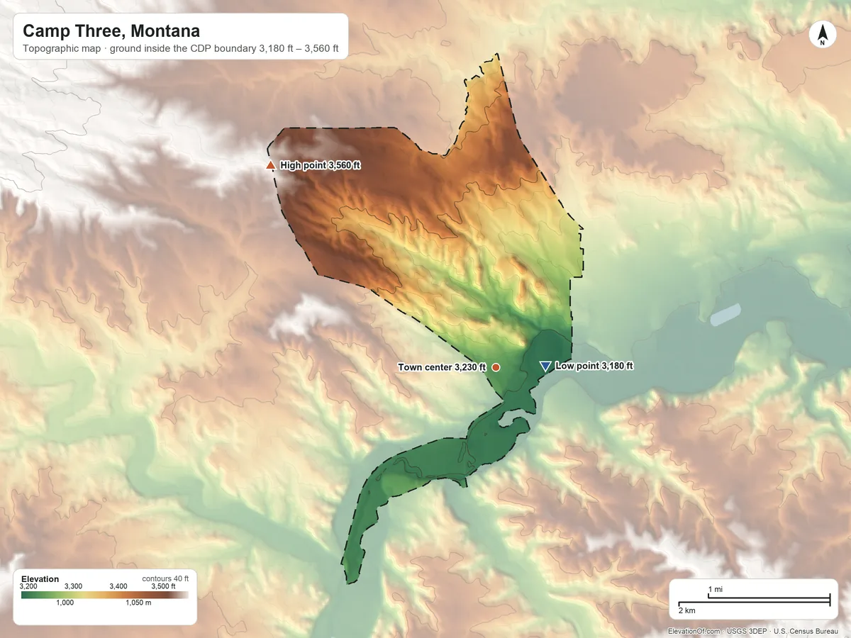 Topographic elevation map of Camp Three, Montana, shaded from 3,180 ft near the middle to 3,560 ft on the northwest side