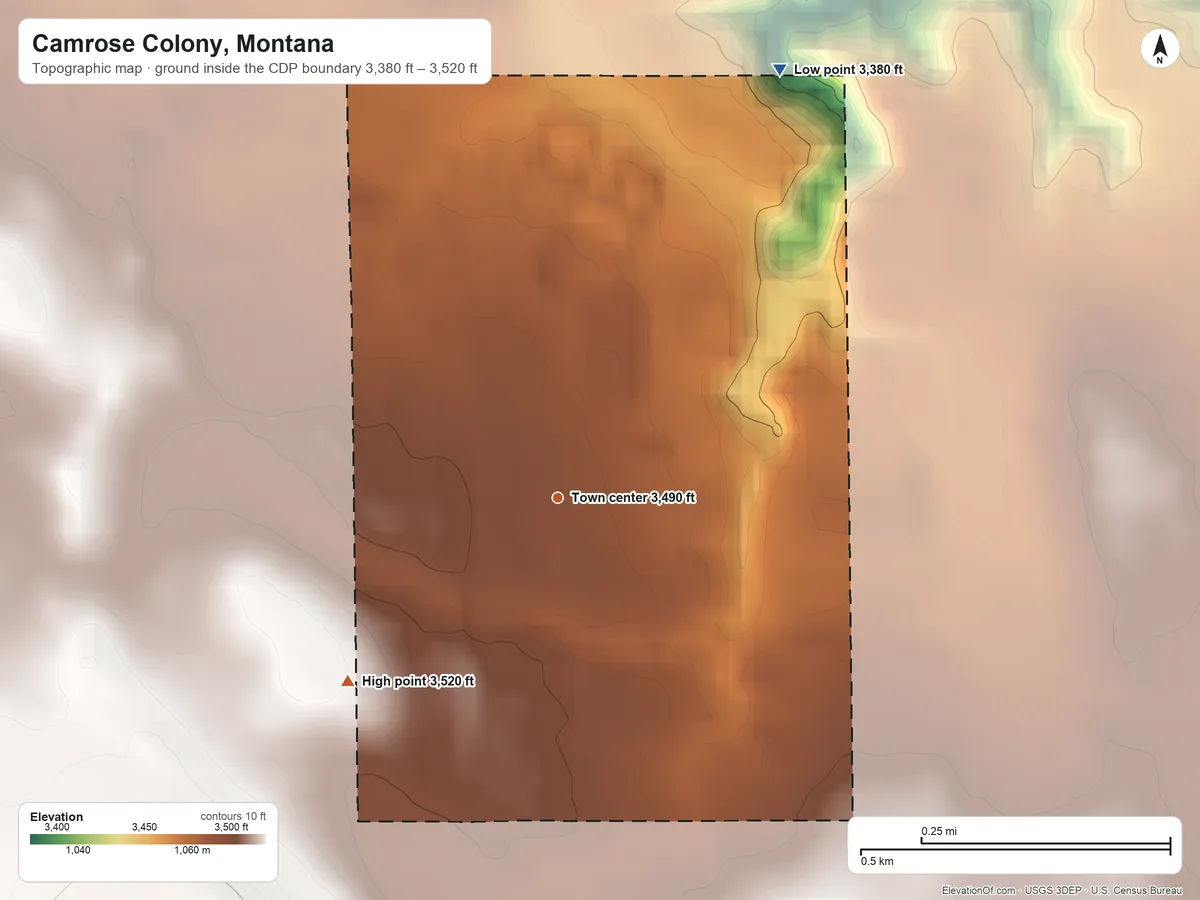 Topographic elevation map of Camrose Colony, Montana, shaded from 3,380 ft on the northeast side to 3,520 ft on the southwest side