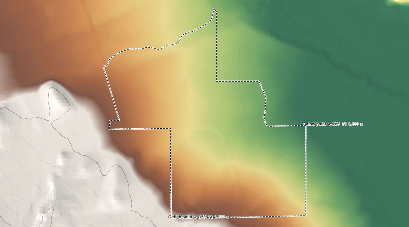 Topographic elevation map of Canyon Creek, Montana, shaded from 4,260 ft on the east side to 4,370 ft at the foot of the General Robert E Lee Range (not official)