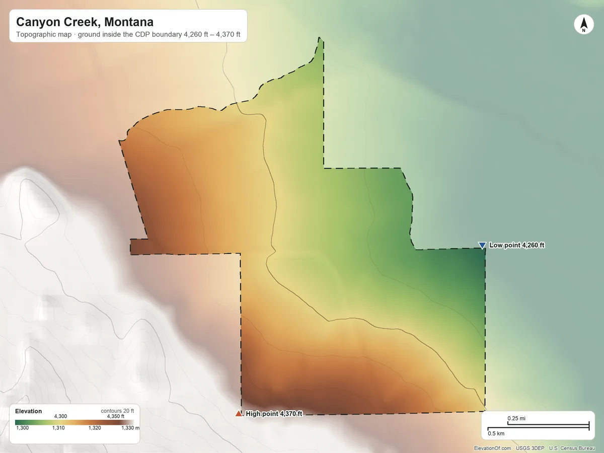 Topographic elevation map of Canyon Creek, Montana, shaded from 4,260 ft on the east side to 4,370 ft at the foot of the General Robert E Lee Range (not official)