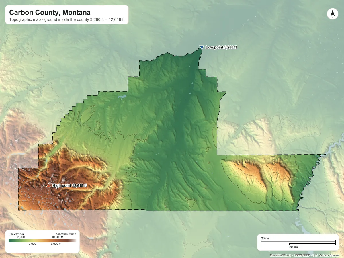 Topographic elevation map of Carbon County, Montana, shaded from 3,280 ft on the north side to 12,618 ft on Castle Mountain