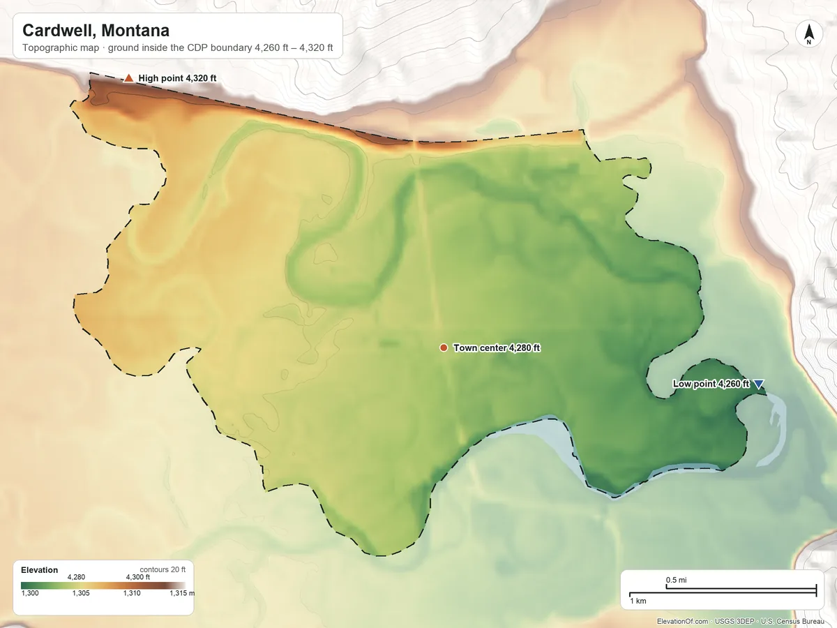 Topographic elevation map of Cardwell, Montana, shaded from 4,260 ft on the east side to 4,320 ft at the foot of the Bull Mountain
