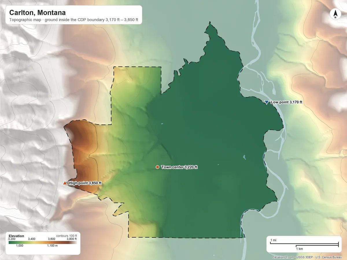 Topographic elevation map of Carlton, Montana, shaded from 3,170 ft on the northeast side to 3,850 ft at the foot of the Bitterroot Mountains