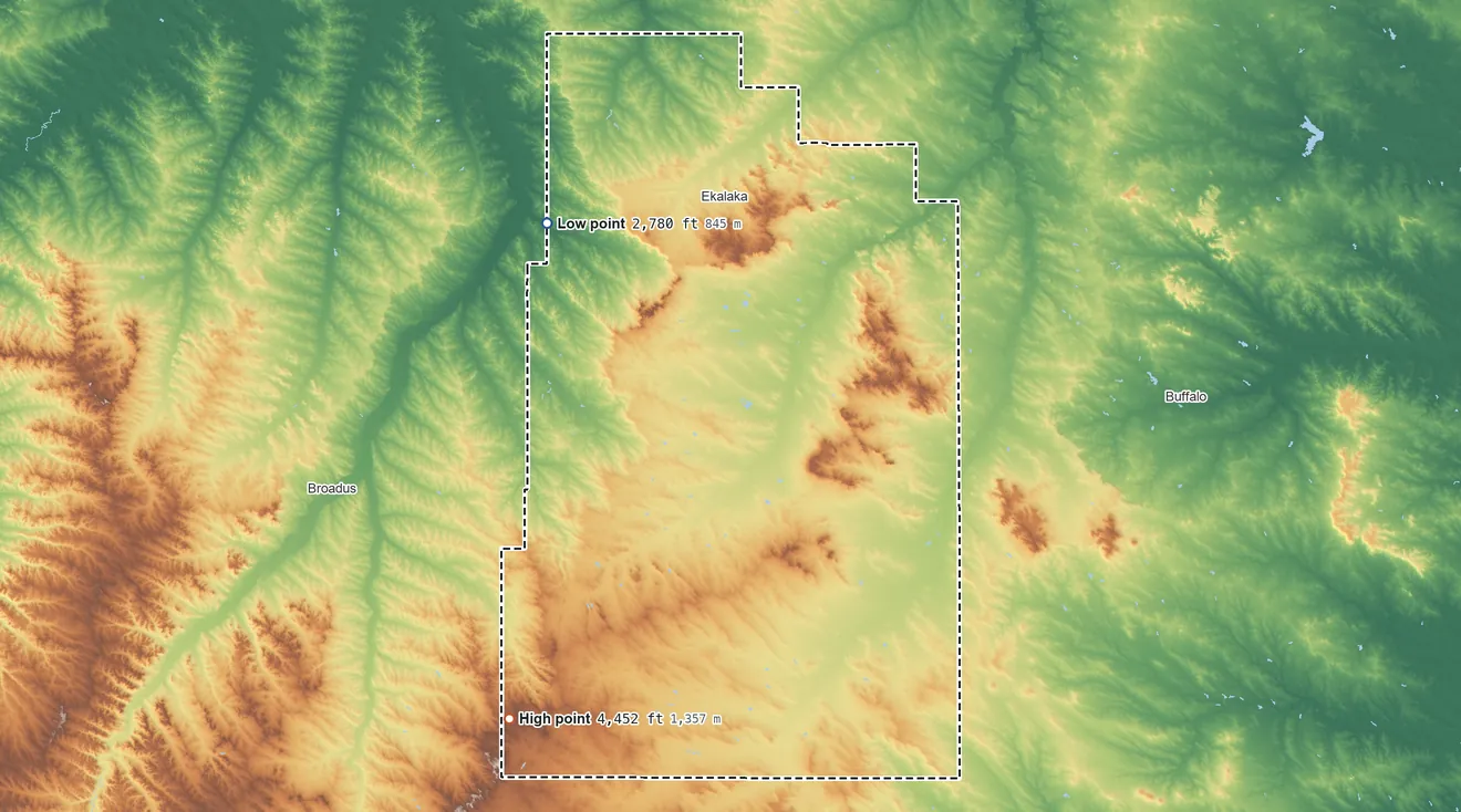 Topographic elevation map of Carter County, Montana, shaded from 2,780 ft on the northwest side to 4,452 ft on West Butte