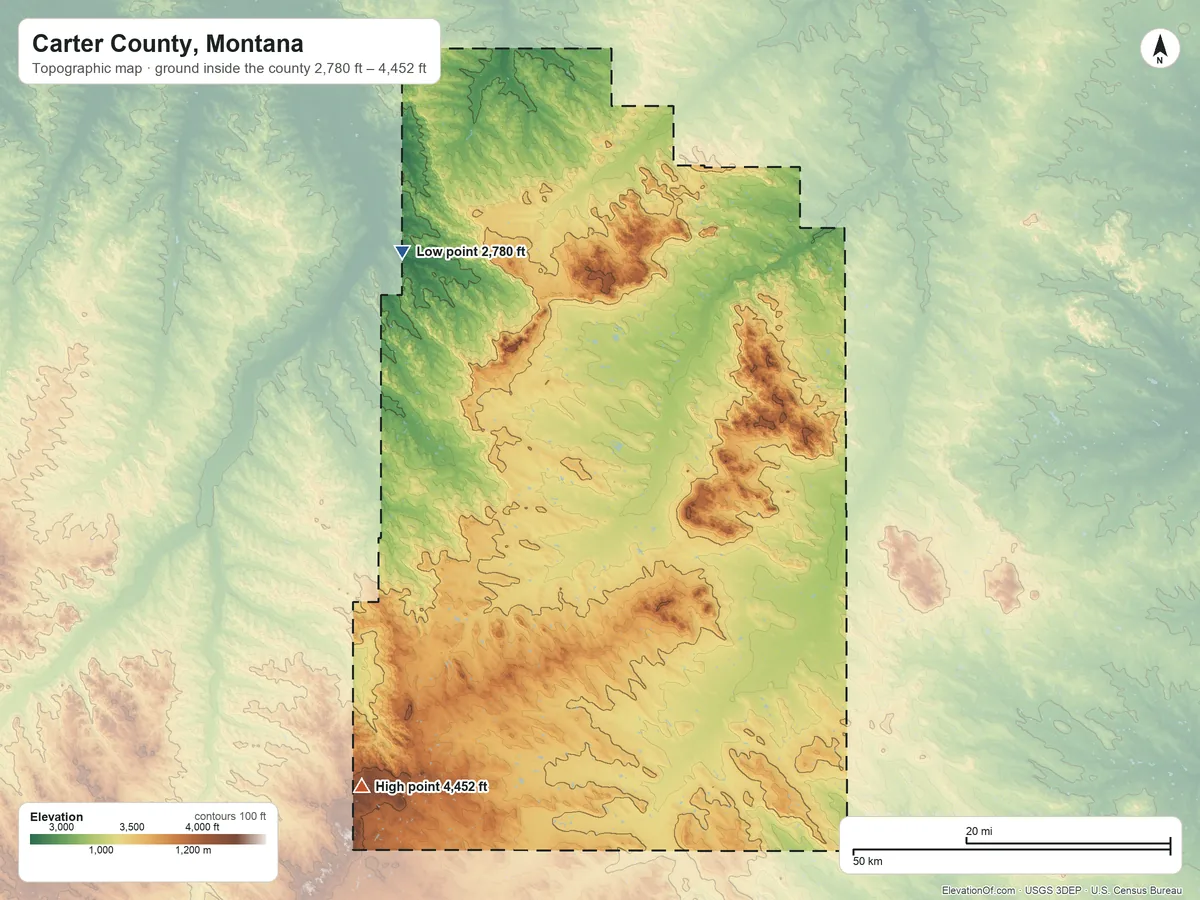 Topographic elevation map of Carter County, Montana, shaded from 2,780 ft on the northwest side to 4,452 ft on West Butte