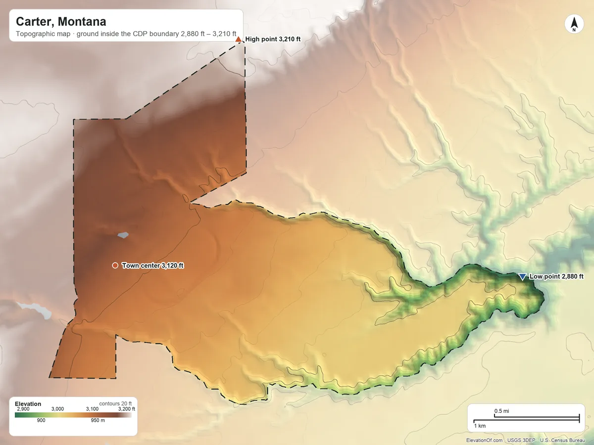 Topographic elevation map of Carter, Montana, shaded from 2,880 ft on the east side to 3,210 ft on the northeast side