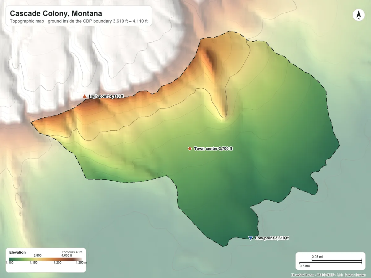 Topographic elevation map of Cascade Colony, Montana, shaded from 3,610 ft on the southeast side to 4,110 ft on the northwest edge, below higher ground just outside