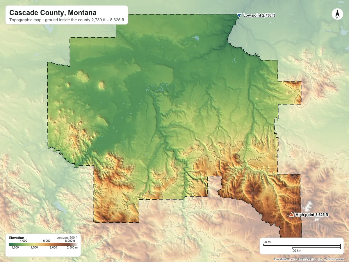 Topographic elevation map of Cascade County, Montana, shaded from 2,730 ft on the northeast side to 8,625 ft on Long Mountain