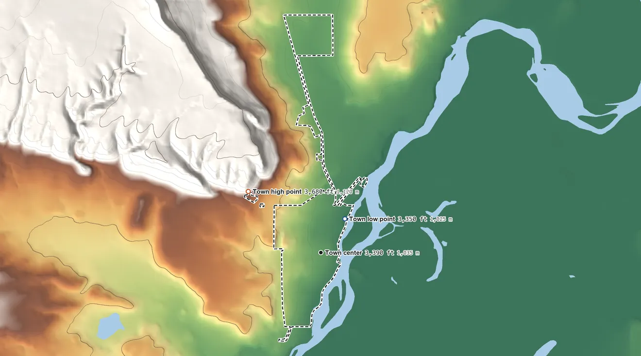 Topographic elevation map of Cascade, Montana, shaded from 3,350 ft on the northeast side to 3,680 ft at the foot of The Pinnacles