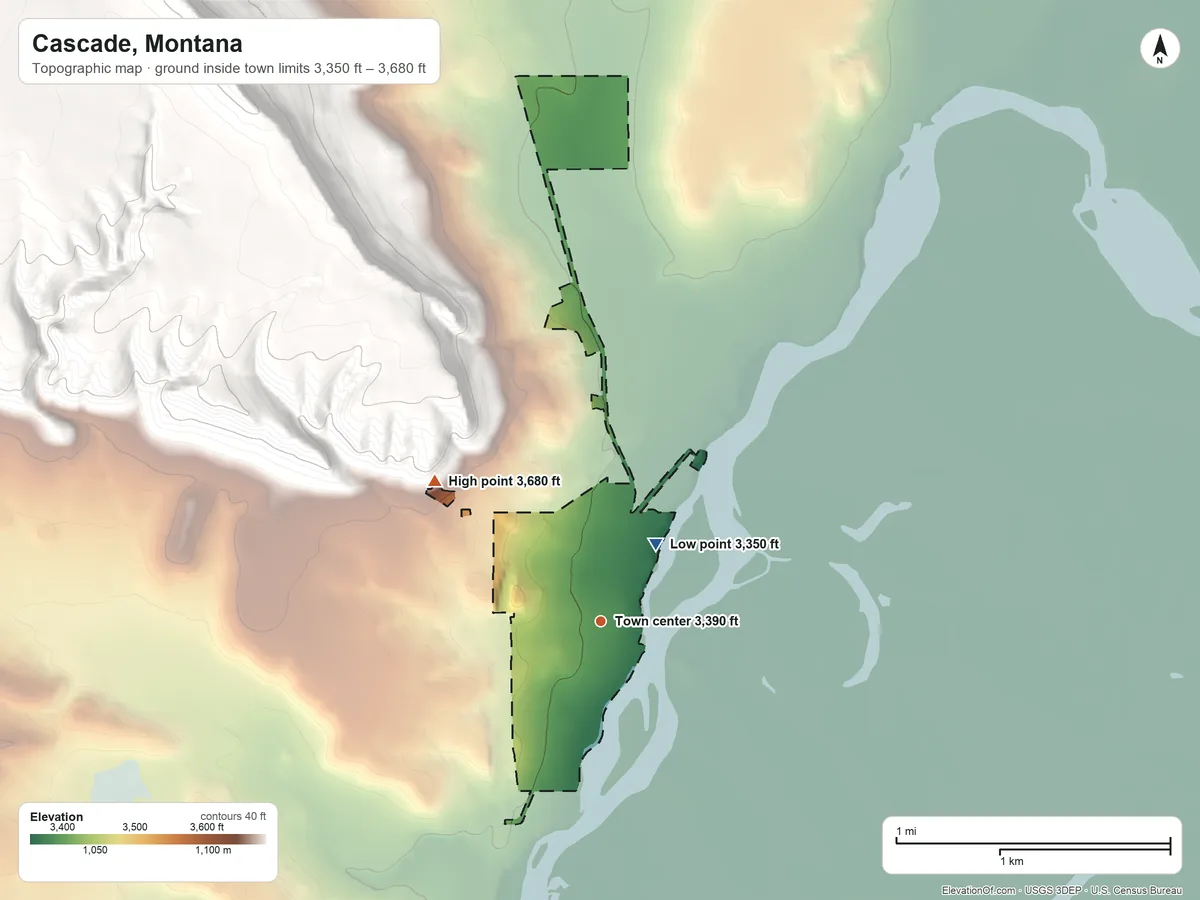 Topographic elevation map of Cascade, Montana, shaded from 3,350 ft on the northeast side to 3,680 ft at the foot of The Pinnacles