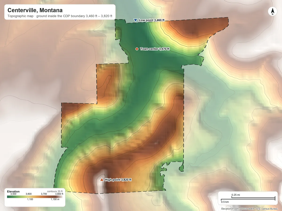 Topographic elevation map of Centerville, Montana, shaded from 3,460 ft on the north side to 3,820 ft on the south side