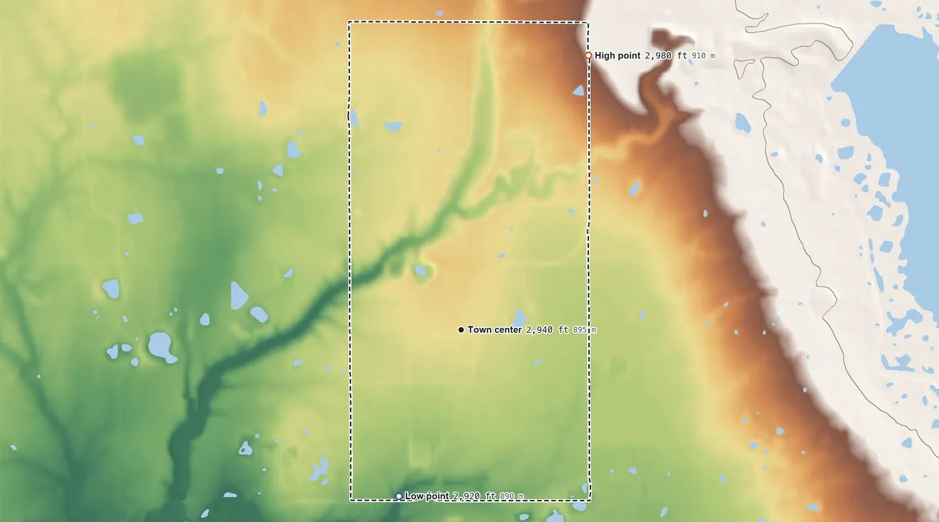 Topographic elevation map of Charlo, Montana, shaded from 2,920 ft on the south side to 2,980 ft on the northeast side