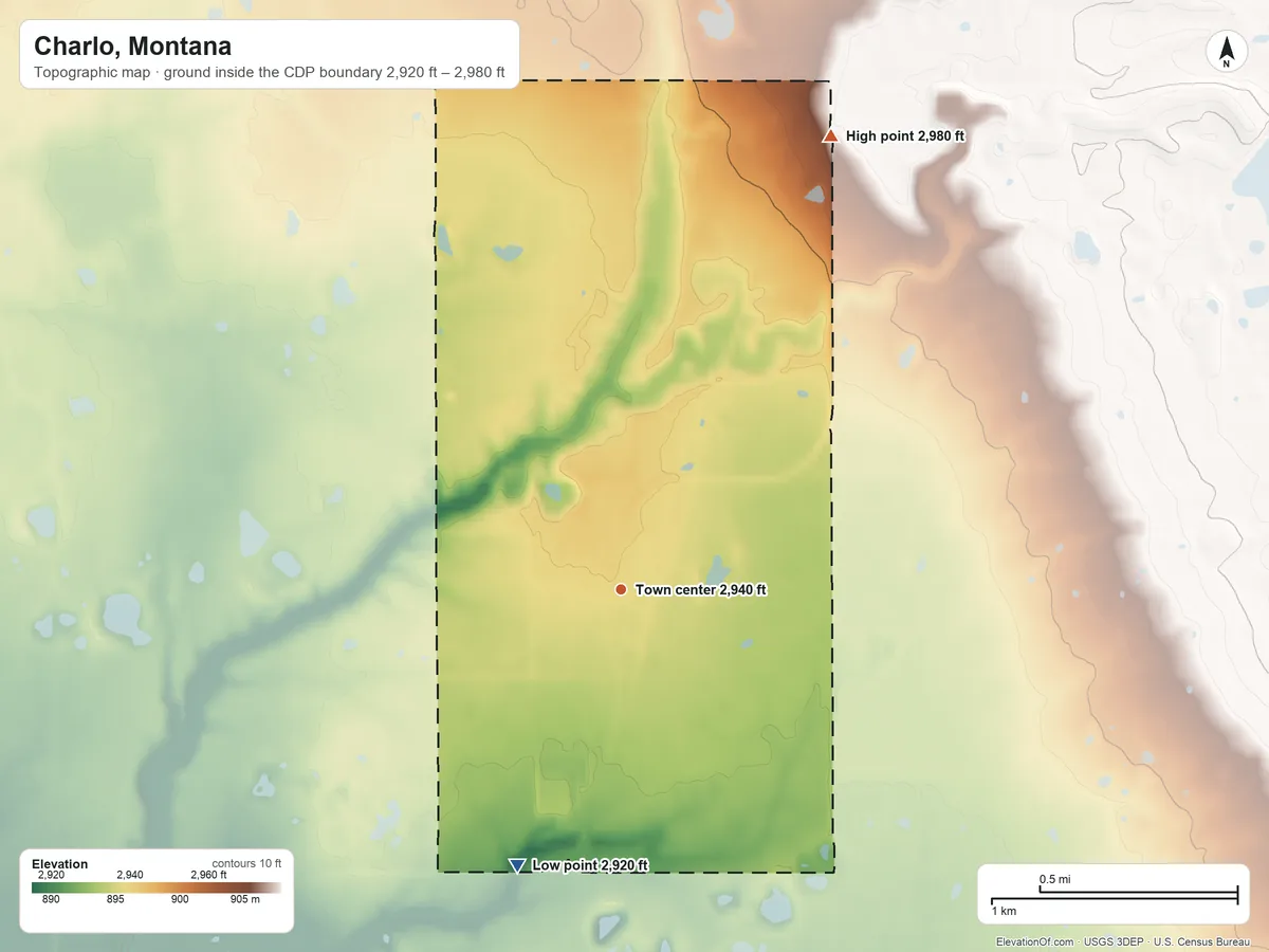 Topographic elevation map of Charlo, Montana, shaded from 2,920 ft on the south side to 2,980 ft on the northeast side