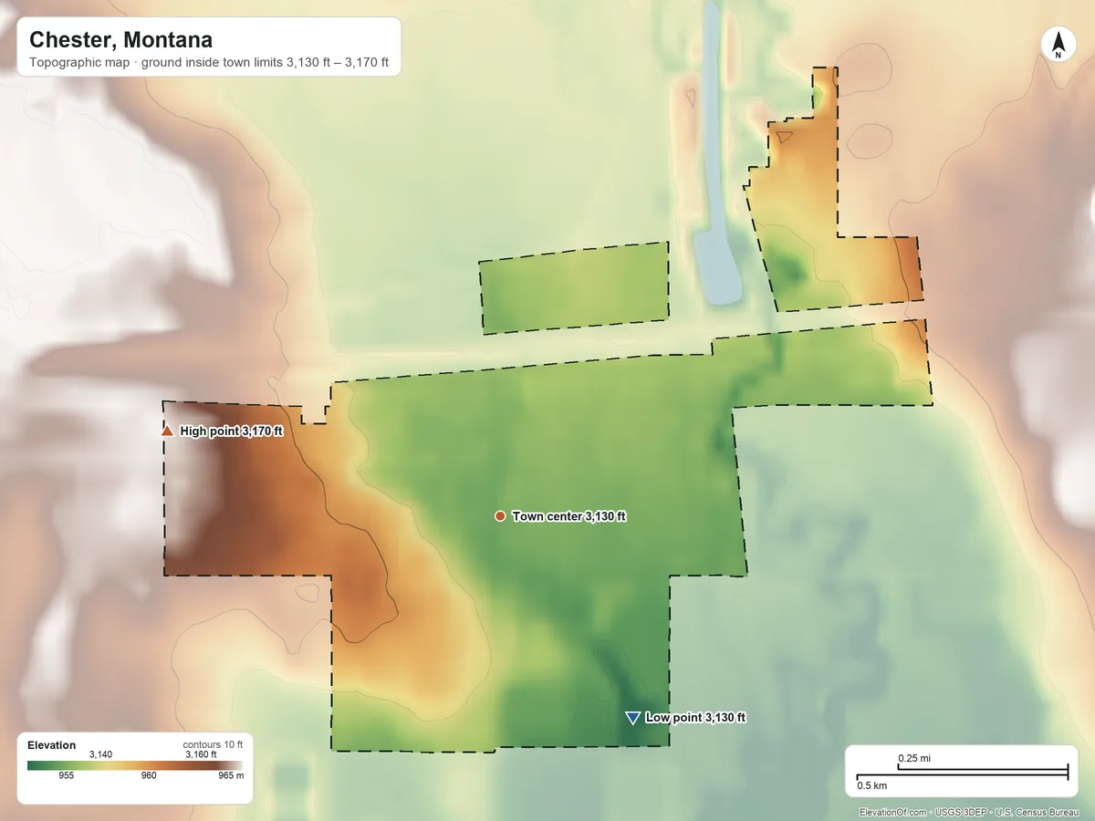 Topographic elevation map of Chester, Montana, shaded from 3,130 ft on the southeast side to 3,170 ft on the west side